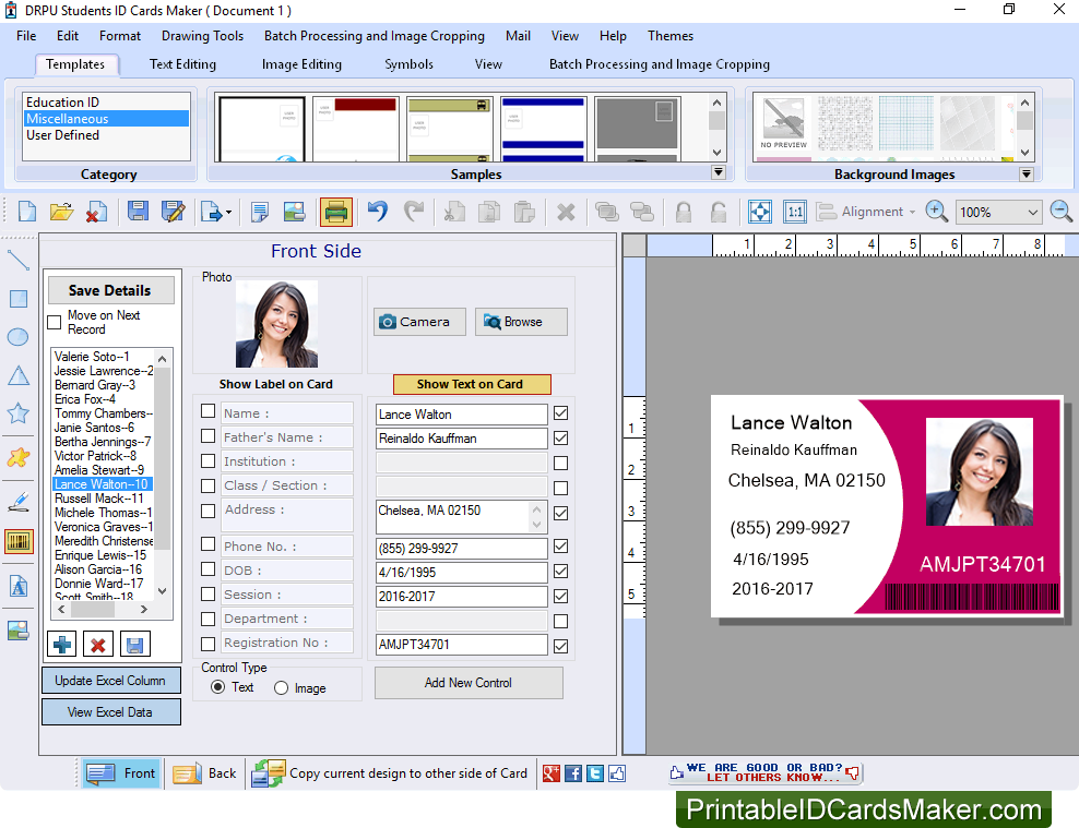 create multiple number of student id cards using student id cards