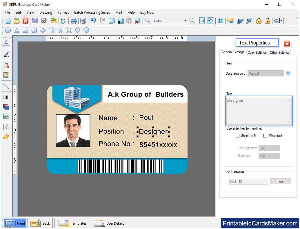 Business Cards Text Properties