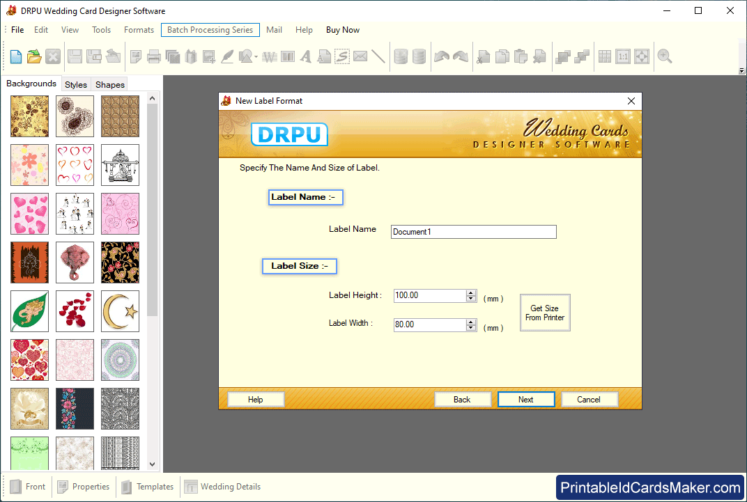 Specify the Name and Size of Label St Label name and Size